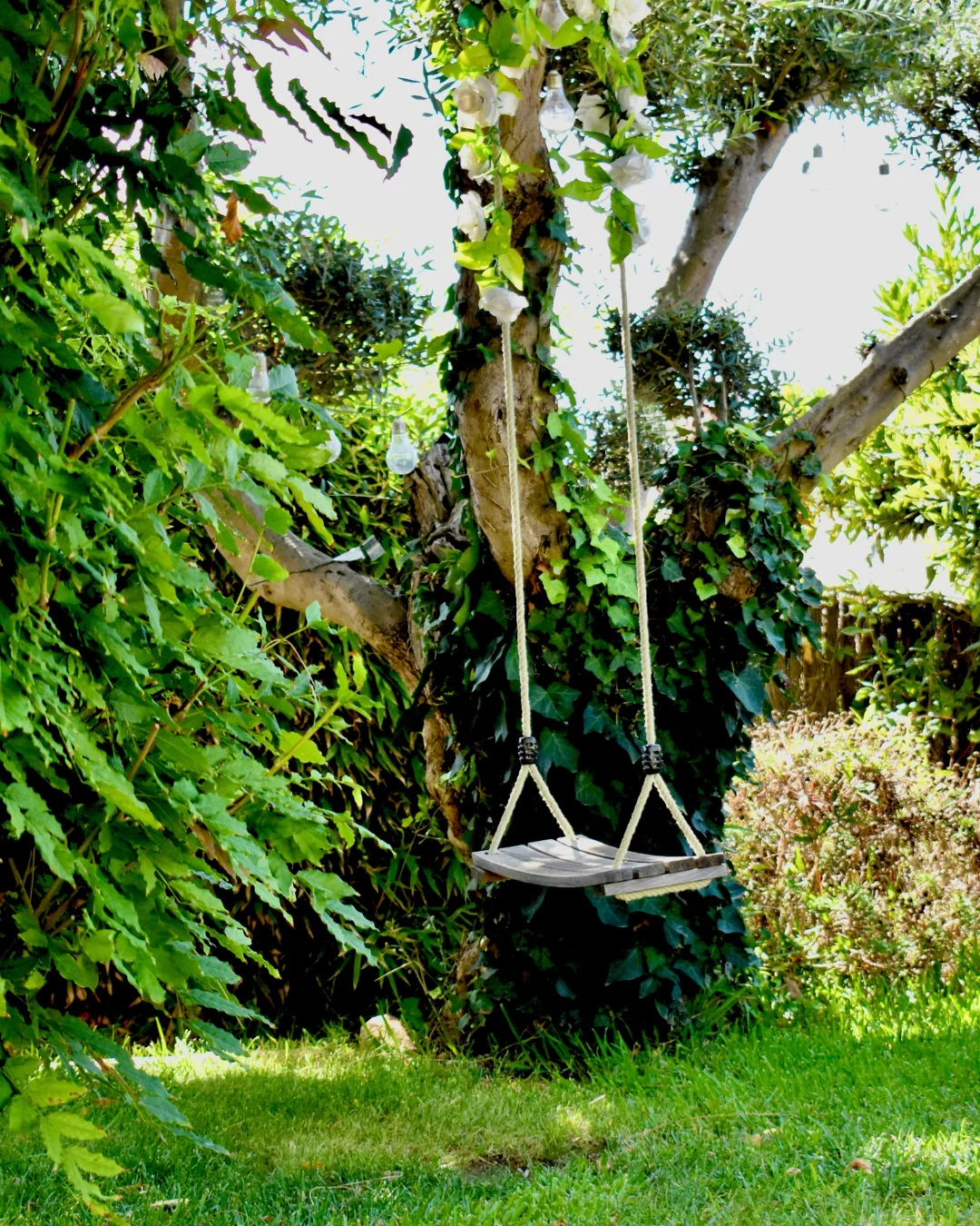 Columpio en un jardín frondoso.